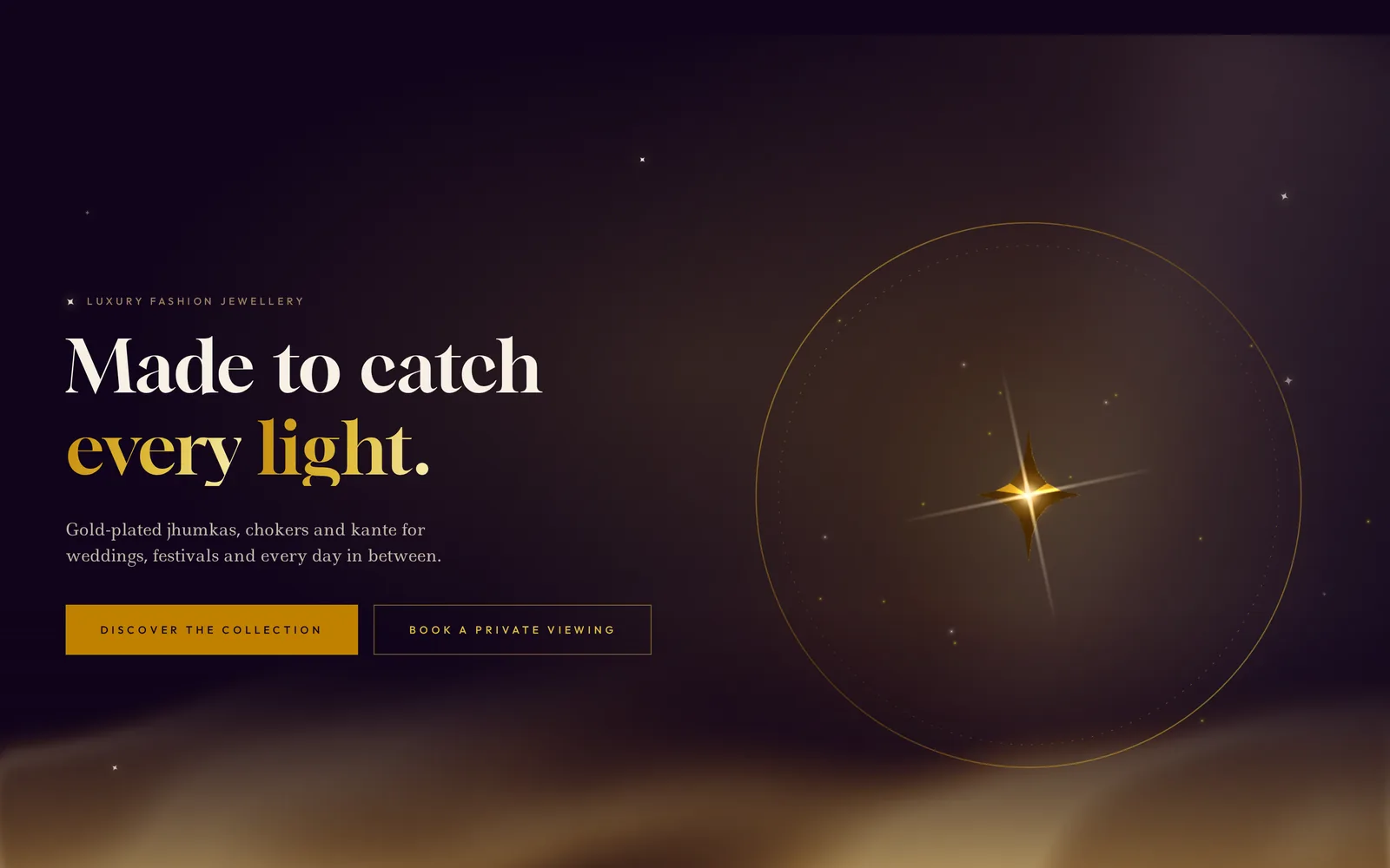 The Bling by VIYA home page on desktop: a gold bangle drawn in light beside the headline “Made to catch every light.”